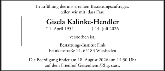 Traueranzeige von Gisela Kalinke-Hendler von Wiesbadener Kurier