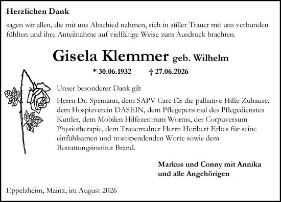 Traueranzeige von Gisela Klemmer von Allgemeine Zeitung Alzey