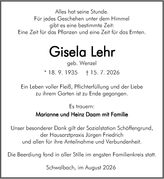 Traueranzeige von Gisela Lehr von Wetzlarer Neue Zeitung