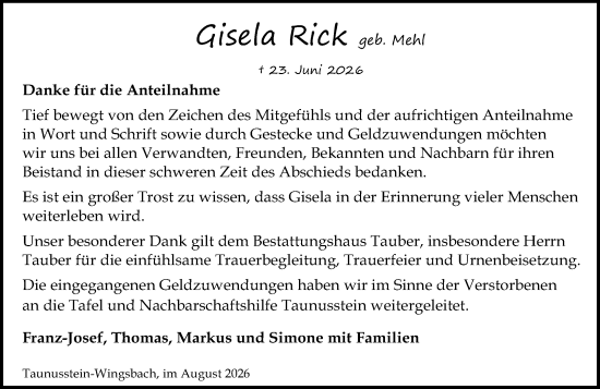 Traueranzeige von Gisela Rick von Wiesbadener Kurier