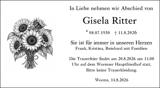 Traueranzeige von Gisela Ritter von Wormser Zeitung