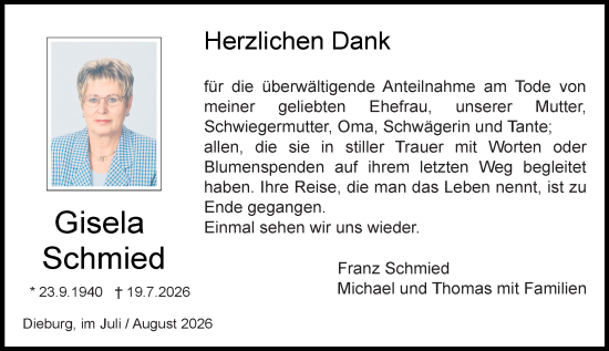 Traueranzeige von Gisela Schmied von Dieburger Anzeiger/Groß-Zimmerner Lokal-Anzeiger