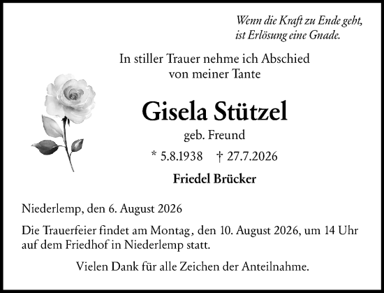 Traueranzeige von Gisela Stützel von Wetzlarer Neue Zeitung