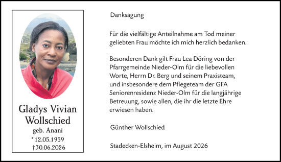 Traueranzeige von Gladys Vivian Wollschied von Allgemeine Zeitung Mainz