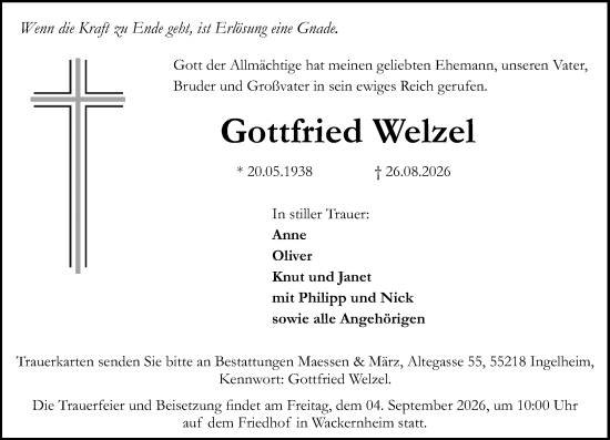 Traueranzeige von Gottfried Welzel von Allgemeine Zeitung Rheinhessen-Nahe