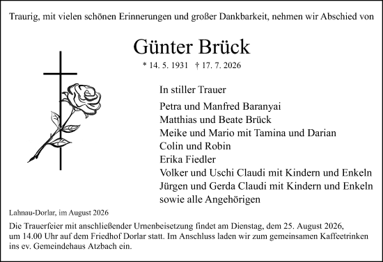Traueranzeige von Günter Brück von Wetzlarer Neue Zeitung