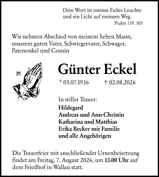 Traueranzeige von Günter Eckel von Hinterländer Anzeiger