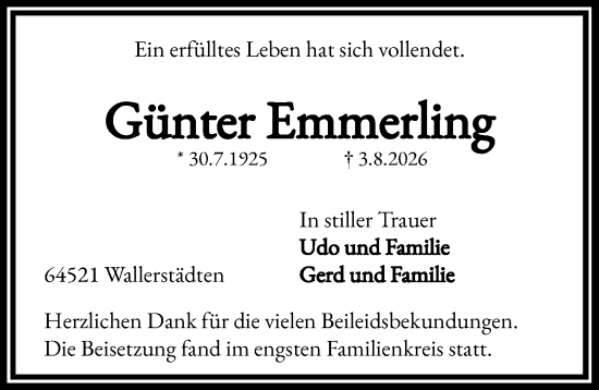 Traueranzeige von Günter Emmerling von Groß-Gerauer Echo