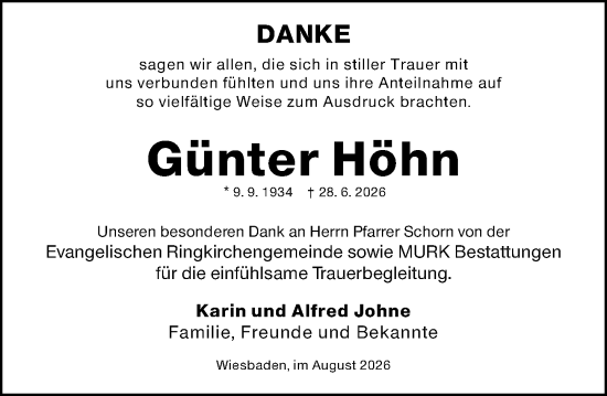 Traueranzeige von Günter Höhn von Wiesbadener Kurier