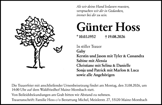 Traueranzeige von Günter Hoss von Allgemeine Zeitung Mainz
