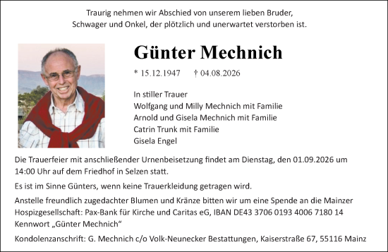 Traueranzeige von Günter Mechnich von Allgemeine Zeitung Mainz