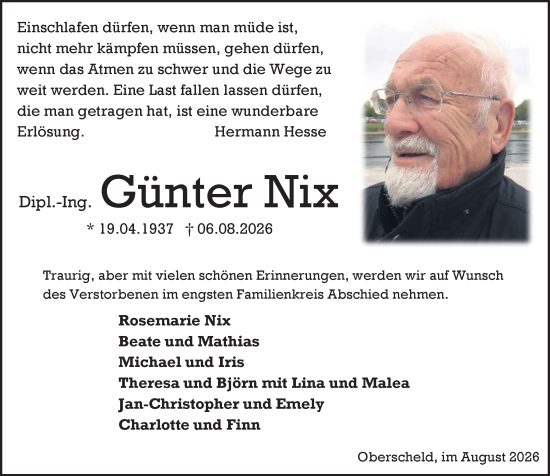 Traueranzeige von Günter Nix von Dill Block