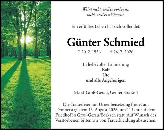 Traueranzeige von Günter Schmied von Groß-Gerauer Echo