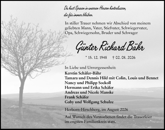 Traueranzeige von Günter Richard Bähr von Dill Block