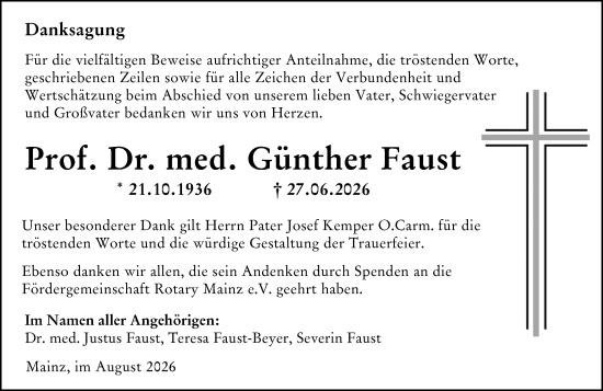 Traueranzeige von Günther Faust von Allgemeine Zeitung Mainz