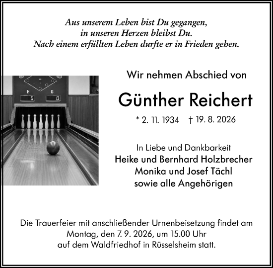 Traueranzeige von Günther Reichert von Rüsselsheimer Echo