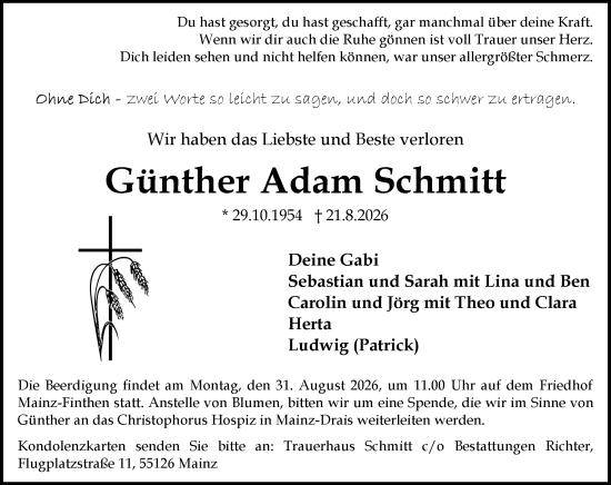 Traueranzeige von Günther Adam Schmitt von Allgemeine Zeitung Mainz