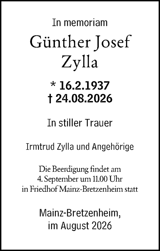 Traueranzeige von Günther Josef Zylla von Allgemeine Zeitung Mainz