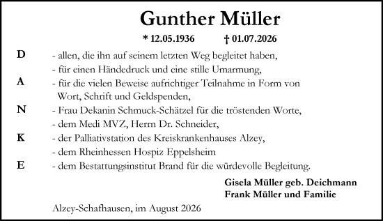 Traueranzeige von Gunther Müller von Allgemeine Zeitung Alzey