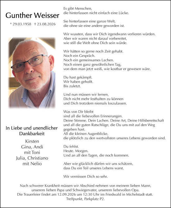 Traueranzeige von Gunther Weisser von Odenwälder Echo