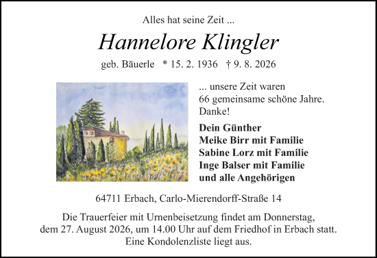 Traueranzeige von Hannelore Klingler von Odenwälder Echo