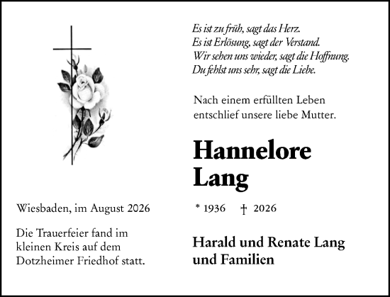 Traueranzeige von Hannelore Lang von Wiesbadener Kurier