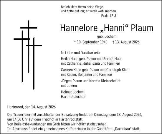 Traueranzeige von Hannelore Plaum von Hinterländer Anzeiger