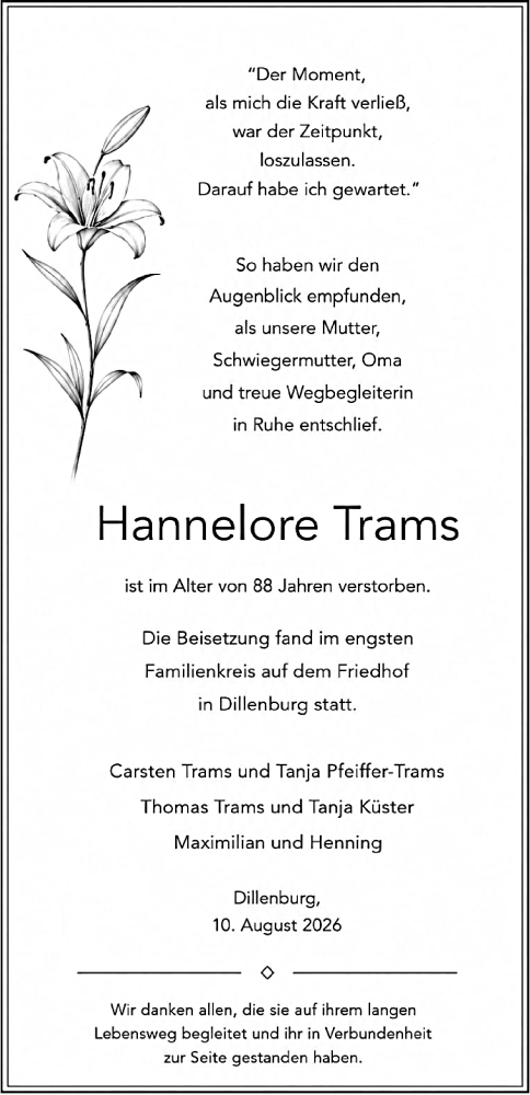Traueranzeige von Hannelore Trams von Dill Block