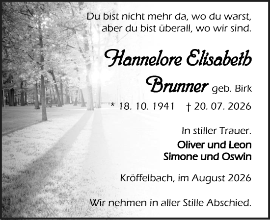 Traueranzeige von Hannelore Elisabeth Brunner von Wetzlarer Neue Zeitung