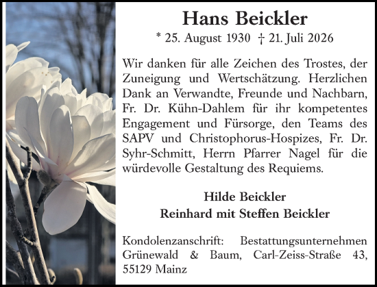 Traueranzeige von Hans Beickler von Allgemeine Zeitung Mainz
