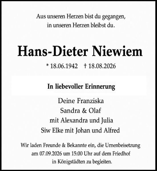 Traueranzeige von Hans-Dieter Niewiem von Rüsselsheimer Echo