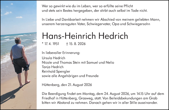 Traueranzeige von Hans-Heinrich Hedrich von Wetzlarer Neue Zeitung