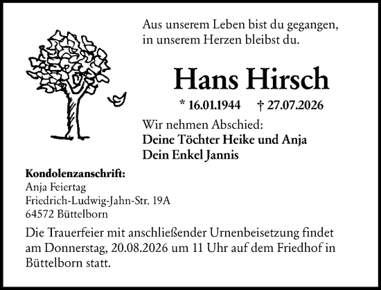 Traueranzeige von Hans Hirsch von Groß-Gerauer Echo