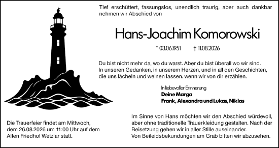 Traueranzeige von Hans-Joachim Komorowski von Wetzlarer Neue Zeitung