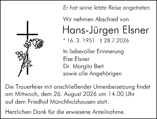 Traueranzeige von Hans-Jürgen Elsner von Wetzlarer Neue Zeitung
