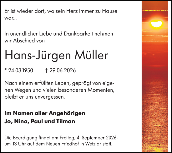 Traueranzeige von Hans-Jürgen Müller von Wetzlarer Neue Zeitung