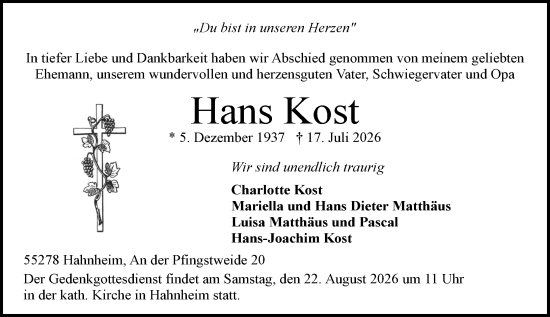 Traueranzeige von Hans Kost von Allgemeine Zeitung Mainz