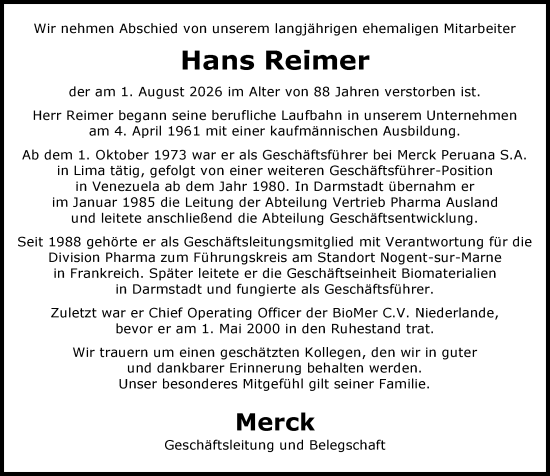 Traueranzeige von Hans Reimer von Darmstädter Echo