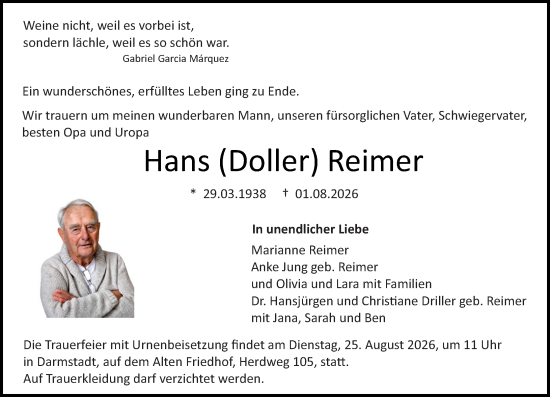 Traueranzeige von Hans Reimer von Darmstädter Echo