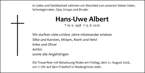 Traueranzeige von Hans-Uwe Albert von Wetzlarer Neue Zeitung
