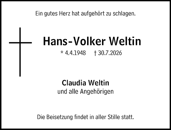 Traueranzeige von Hans-Volker Weltin von Hochheimer Zeitung