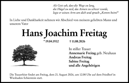 Traueranzeige von Hans Joachim Freitag von Wiesbadener Kurier