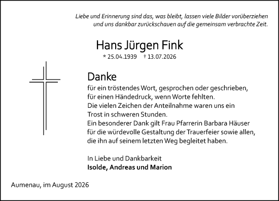 Traueranzeige von Hans Jürgen Fink von Weilburger Tageblatt