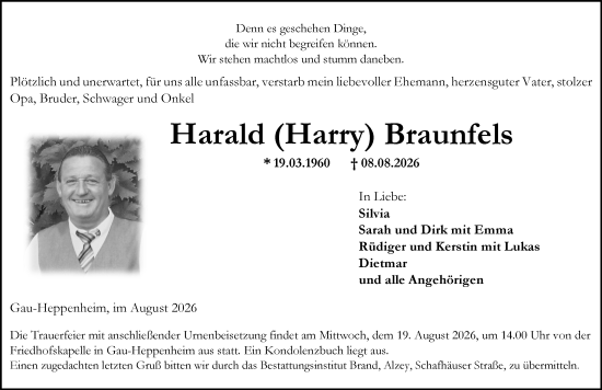 Traueranzeige von Harald Braunfels von Allgemeine Zeitung Alzey