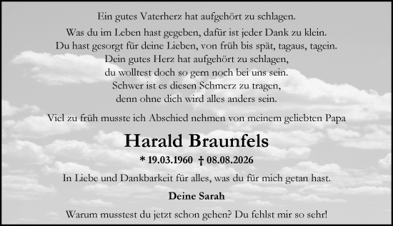 Traueranzeige von Harald Braunfels von Allgemeine Zeitung Alzey