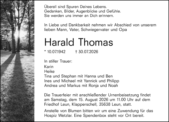 Traueranzeige von Harald Thomas von Wetzlarer Neue Zeitung