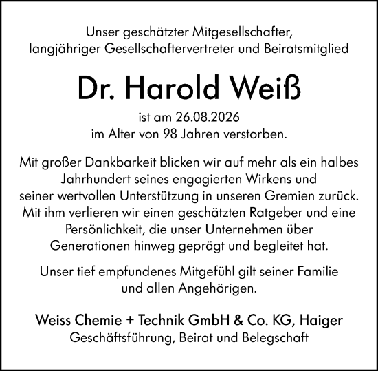 Traueranzeige von Harold Weiß von Dill Block