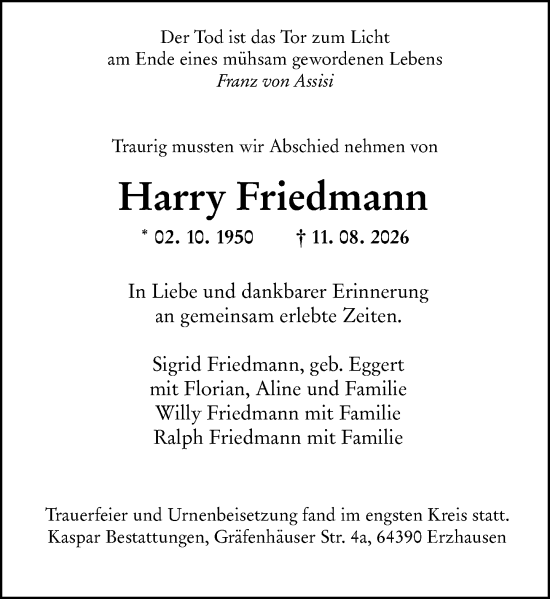 Traueranzeige von Harry Friedmann von Darmstädter Echo