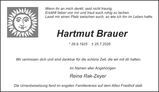 Traueranzeige von Hartmut Brauer von Darmstädter Echo