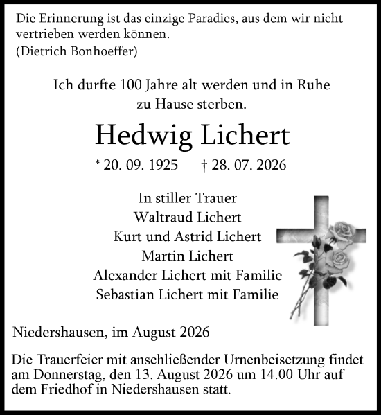Traueranzeige von Hedwig Lichert von Weilburger Tageblatt